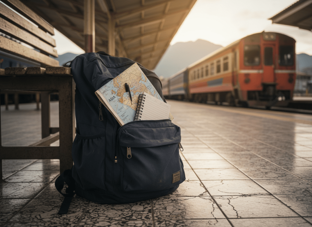 A well-worn, navy-blue travel backpack resting against a wooden bench on the platform of a small Asian train station, photographic realism. The backpack is slightly open, revealing a paper map of Asia folded over the zipper and a simple spiral notebook with a pen tucked in. Around it, the tiles are slightly cracked and glossy from past rain. Diffused late-afternoon light filters through the station roof, casting soft, elongated shadows and a warm golden tint on the scene. In the background, out of focus, a colorful train waits at the platform and distant mountain silhouettes rise. Shot at eye level with a shallow depth of field, the mood is introspective, evoking the beginning of a long, thoughtful journey.