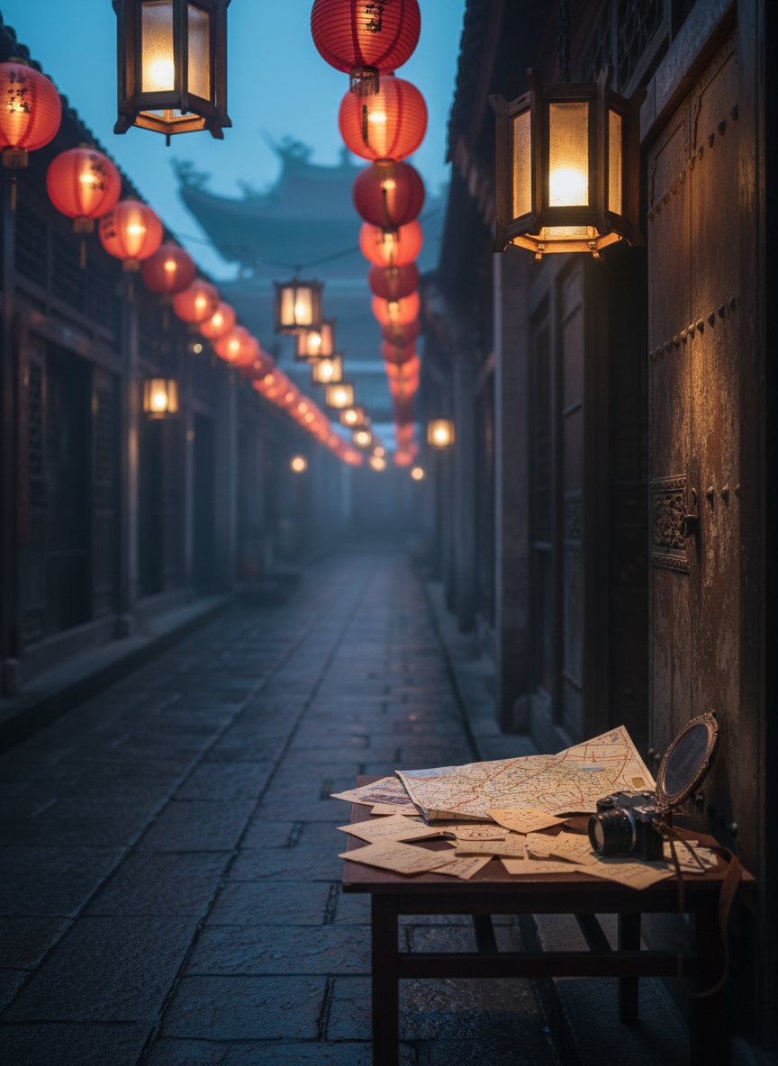 A narrow, lantern-lit alley in an old Asian quarter at blue hour, captured in photographic realism. On the right, a small wooden table stands just outside a traditional doorway, covered in scattered travel notes, a folded city map, and a compact mirrorless camera with a worn strap. Red and amber paper lanterns hang overhead, their warm glow reflecting on damp cobblestones and oxidized metal doors. A distant temple roofline is visible at the end of the alley, softly out of focus. The composition uses a leading-line perspective drawing the eye down the alley, while the table anchors the foreground. Gentle mist in the air diffuses the lights, creating a contemplative, cinematic mood that suggests quiet cultural encounters during a long family voyage.