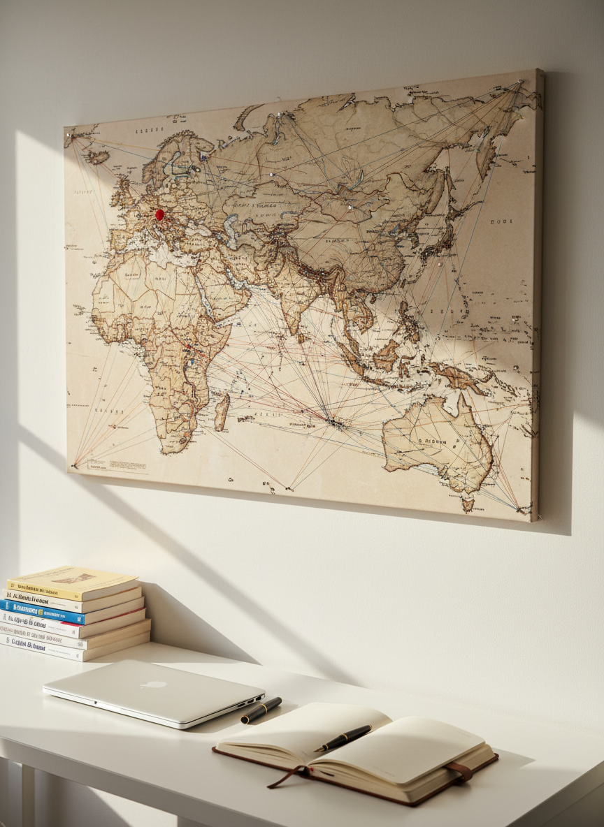 A large wall map of Asia pinned above a minimalist white desk, rendered in photographic realism. Delicate colored threads radiate from a small hometown marker to numerous cities across Asia, each thread anchored by tiny metal pins. On the desk below rests a closed laptop, a neat stack of travel guidebooks in French, and a slim black fountain pen atop a leather-bound journal. Late-morning natural light pours in from an unseen window to the left, giving the map a soft glow and casting clean, defined shadows of the pins and thread. Shot from a slightly elevated angle with sharp focus, the mood is sophisticated and quietly determined, capturing the tenacious idea of an Asia tour gradually taking structured form.