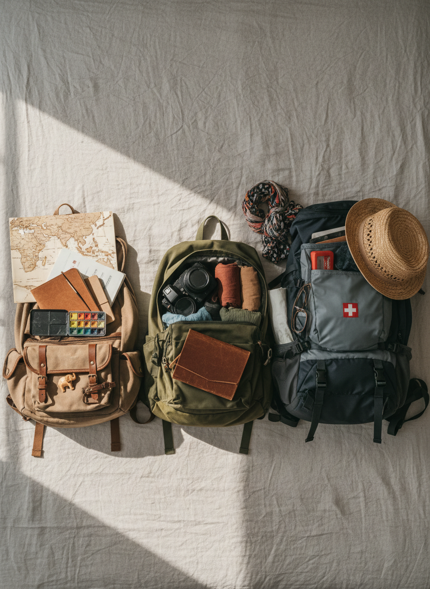 An overhead, photographic realism shot of a neatly arranged packing layout on a pale linen bedspread, themed for a long journey across Asia. There are three different-sized travel backpacks side by side, each with distinct contents: slim notebooks, a small watercolor set, a compact DSLR camera, a folding map of Asia, lightweight clothes in muted earth tones, and a tiny wooden lucky charm from a previous trip. Soft morning light from a nearby window creates gentle, natural shadows and highlights the textures of fabric, leather, and paper. The composition is symmetrical yet informal, with a few objects slightly askew to suggest real life. The mood is calm, organized, and quietly excited, evoking a family carefully preparing for their shared adventure.