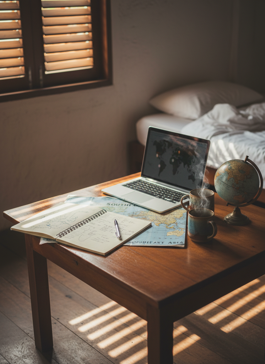 A simple wooden table in a modest guesthouse room somewhere in Southeast Asia, captured in photographic realism. On the table lies an open notebook filled with tiny, hand-drawn itineraries of an Asia tour, a slim laptop, a worn paper roadmap, and a small globe turned towards Asia. Beside them, two mismatched ceramic mugs release faint wisps of steam. The room is lit by soft evening light coming through slatted wooden shutters, creating gentle lines of light and shadow across the wall. The composition uses rule of thirds, focusing closely on the table while the bed with a rumpled white sheet is blurred behind. The atmosphere is intimate and thoughtful, conveying the quiet planning phase of a family adventure before university deadlines arrive.